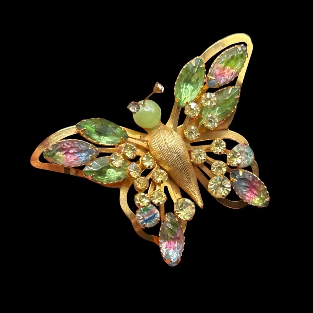 Vintage Selini Molded Iris Glass Rhinestone Butterfly Brooch